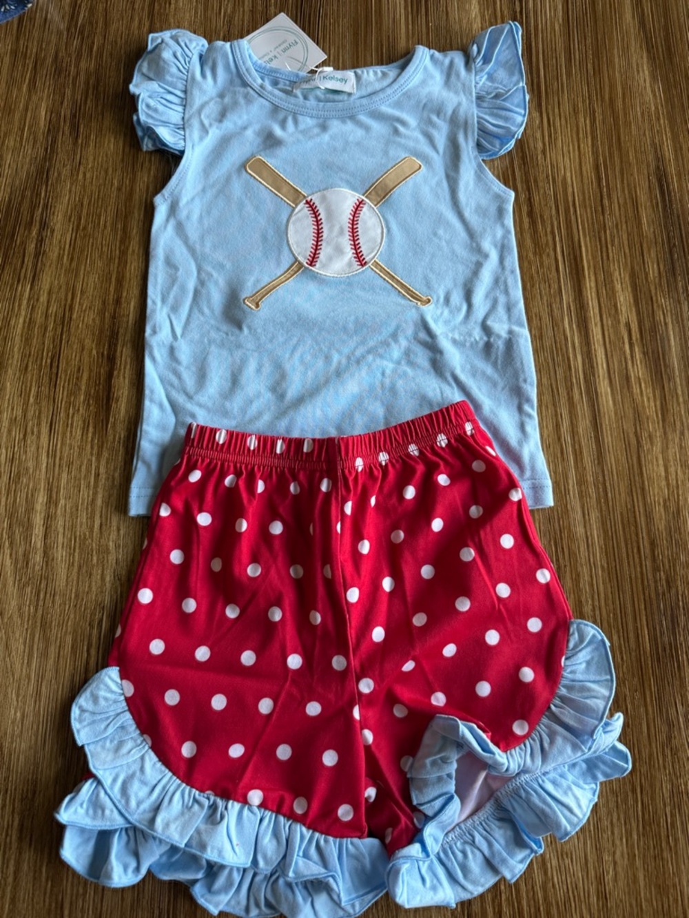 Light Blue Baseball Tee & Red Polka Dot Ruffle Shorts Set